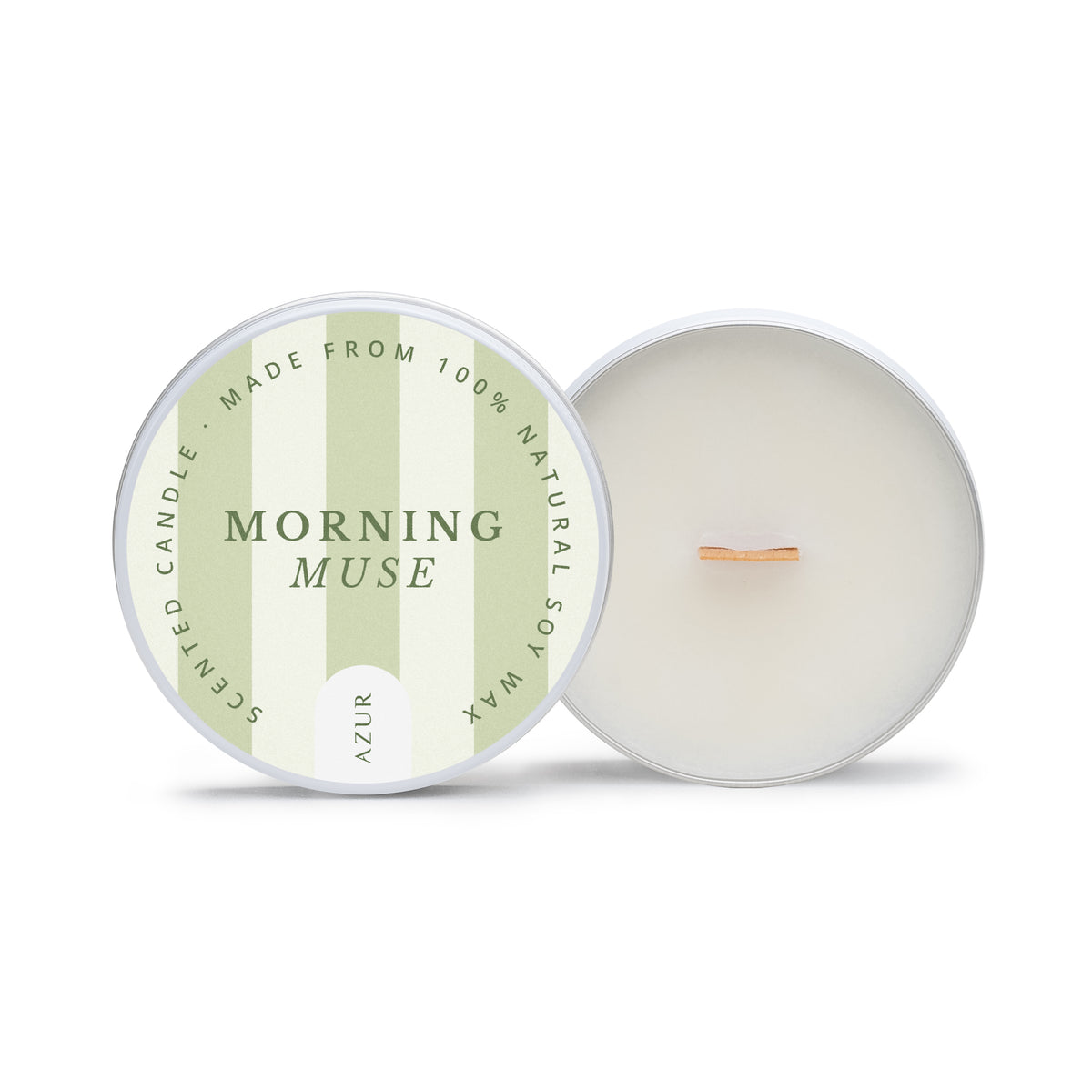 Azur Morning Muse natuurlijke geurkaars van sojawas in blikje van 75 ml met houten lont