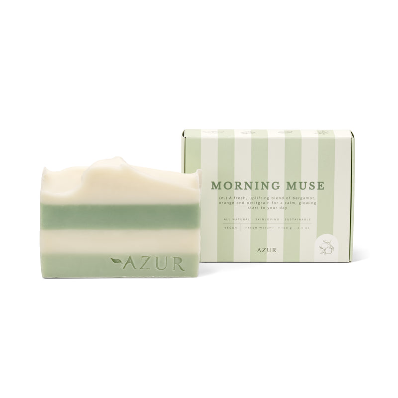 Azur Morning Muse natuurlijke handgemaakte zeep bar van 100 gram met bergamot, sinaasappel en petitgrain