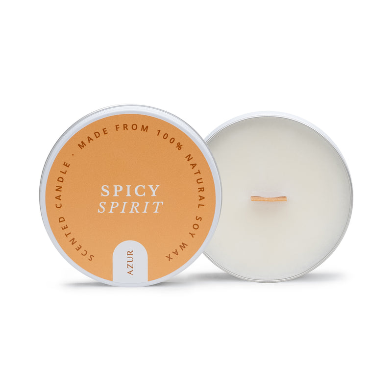 Azur Spicy Spirit natuurlijke geurkaars van sojawas in blikje van 75 ml met houten lont